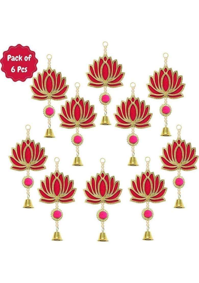 BDRMKH PACK OF 6 Lotus with Bell Toran(MDF Velvet Pom-Pom Pearls Golden Bell) - Indya