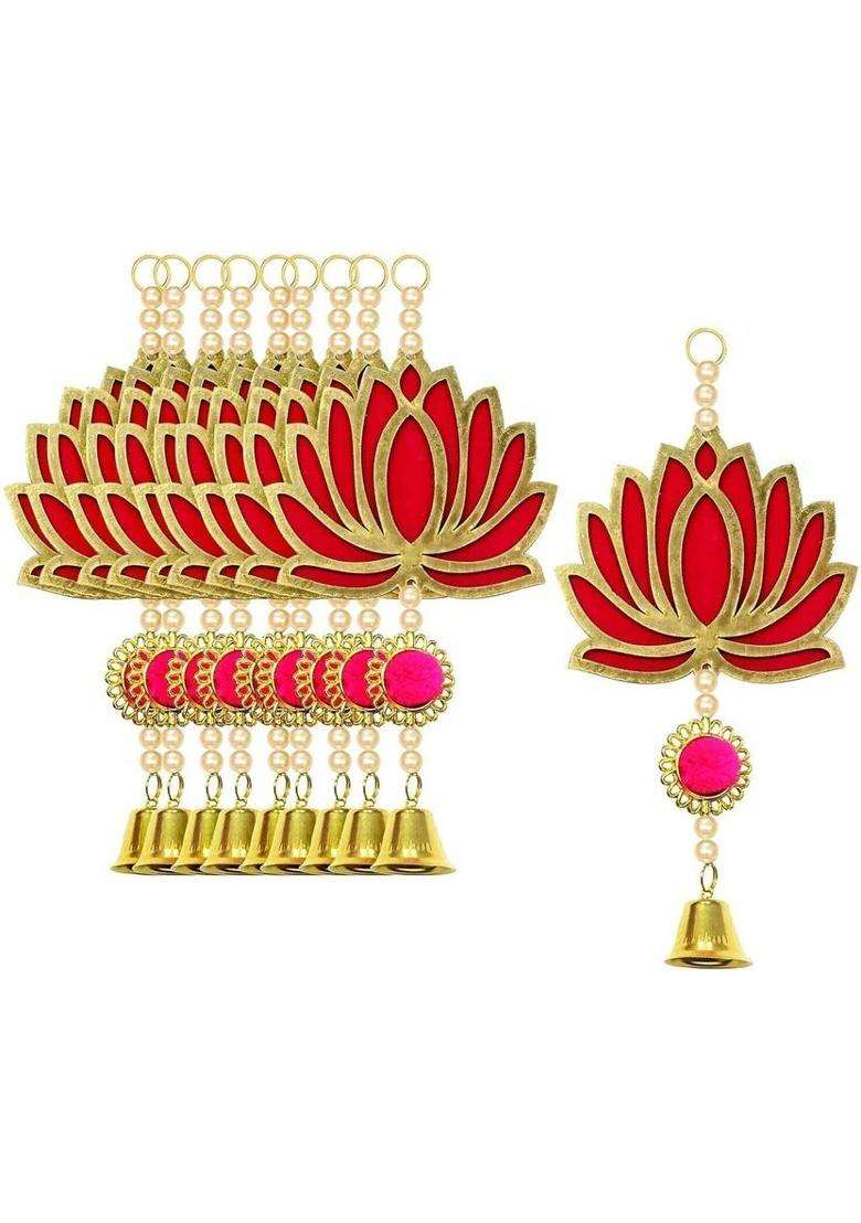 BDRMKH PACK OF 6 Lotus with Bell Toran(MDF Velvet Pom-Pom Pearls Golden Bell) - Indya