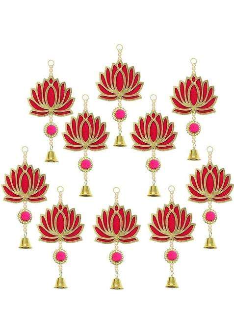 BDRMKH PACK OF 6 Lotus with Bell Toran(MDF Velvet Pom-Pom Pearls Golden Bell)