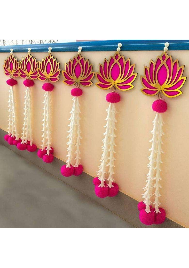 Neyara Creations Pack of 6 Lotus Rajnigandha Door & Wall Hanging for Decoration - 14 Inch Toran(Pom-Pom Metal Hook MDF Velvet) - Indya