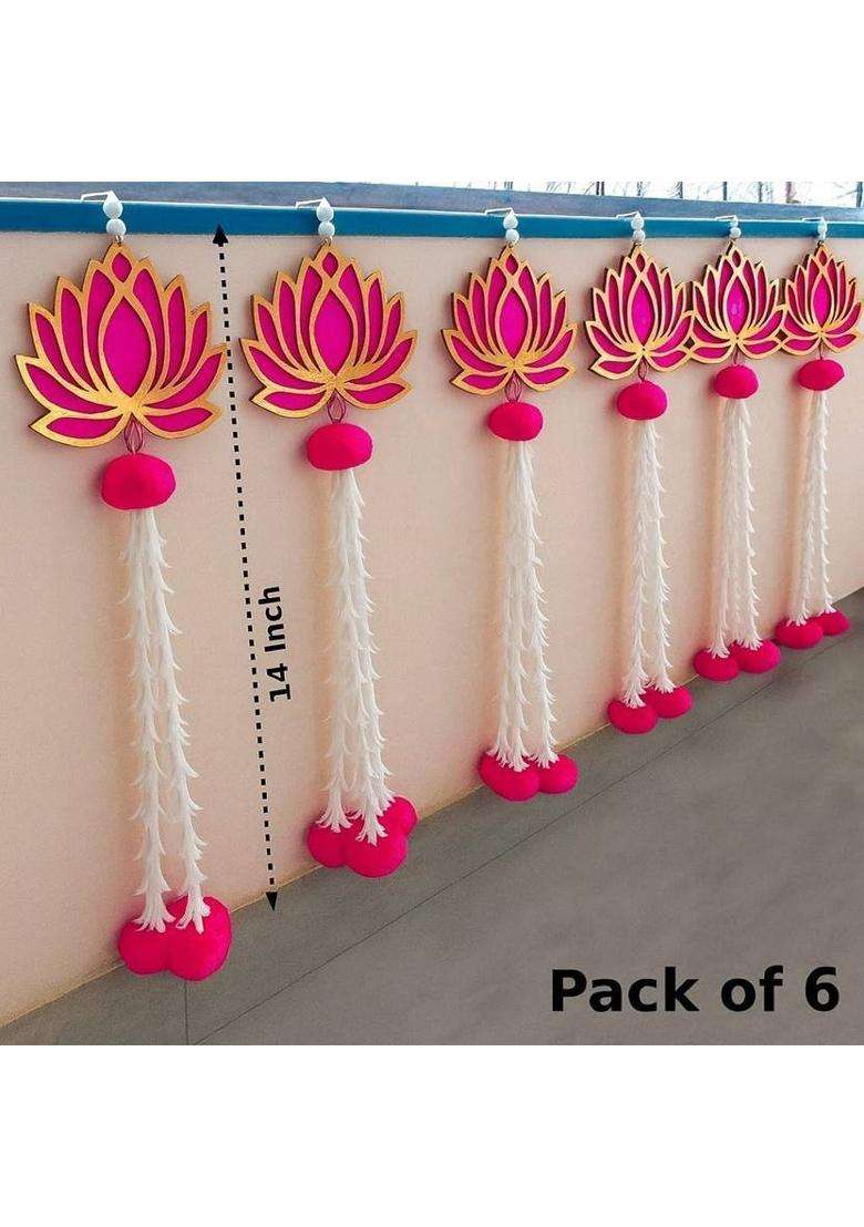 Neyara Creations Pack of 6 Lotus Rajnigandha Door & Wall Hanging for Decoration - 14 Inch Toran(Pom-Pom Metal Hook MDF Velvet) - Indya