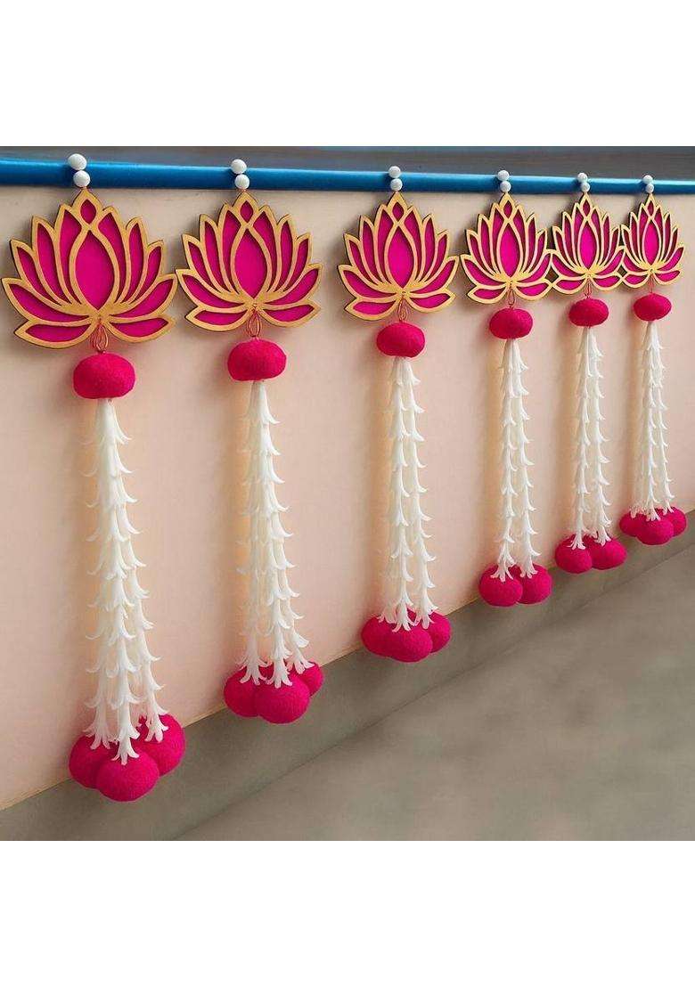 Neyara Creations Pack of 6 Lotus Rajnigandha Door & Wall Hanging for Decoration - 14 Inch Toran(Pom-Pom Metal Hook MDF Velvet) - Indya