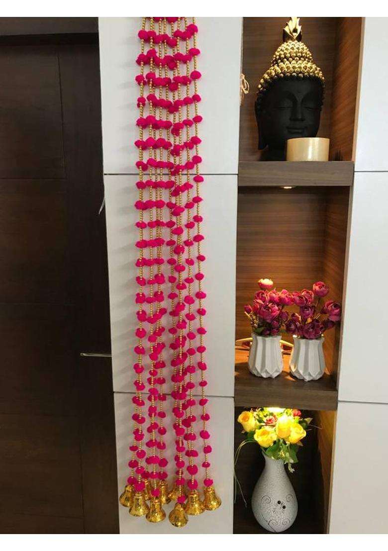 Anicca Collections Handmade Dark Pink Strings Pom Pom for DoorWall Hanging Bandhanwar Toran Garland for Decoration Diwali FestivalNavratriWedding (4FT5 Strings) Toran(Wool) - Indya