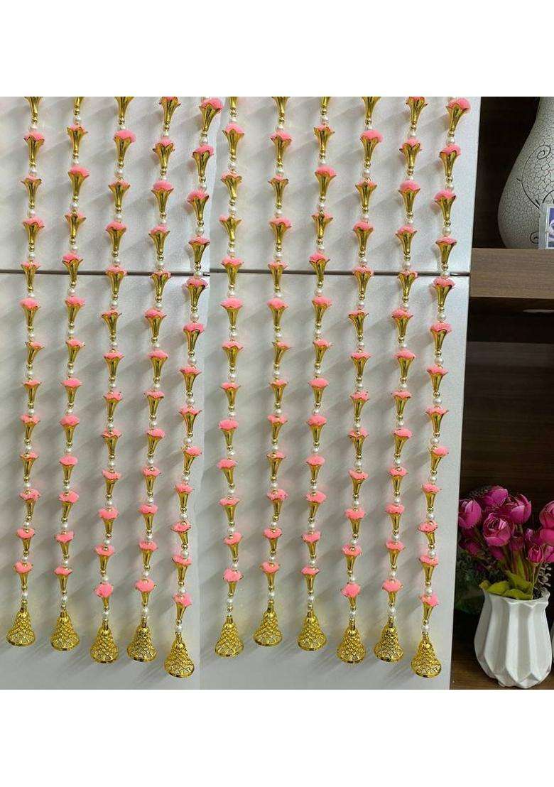 TATHAGATA Handmade Light Pink Strings White Pearl Golden Bell Decoration 4 FT 8 Strings Toran(Wool) - Indya