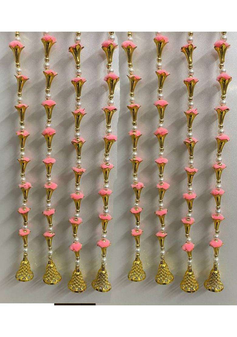 TATHAGATA Handmade Light Pink Strings White Pearl Golden Bell Decoration 4 FT 8 Strings Toran(Wool) - Indya