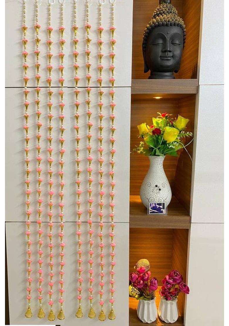 TATHAGATA Handmade Light Pink Strings White Pearl Golden Bell Decoration 4 FT 8 Strings Toran(Wool) - Indya