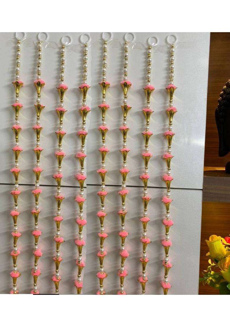 TATHAGATA Handmade Light Pink Strings White Pearl Golden Bell Decoration 4 FT 8 Strings Toran(Wool) - Indya