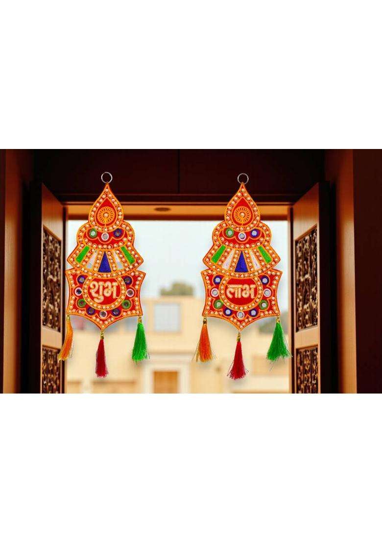 Jack Lawrence Traditional Wall Hanging Toran Shubh Labh Decorative Door Hanging Toran(Diwali Navratri Ganesh Chaturthi & Pooja Decor (Set of 2 15 x 6 Inches)) - Indya