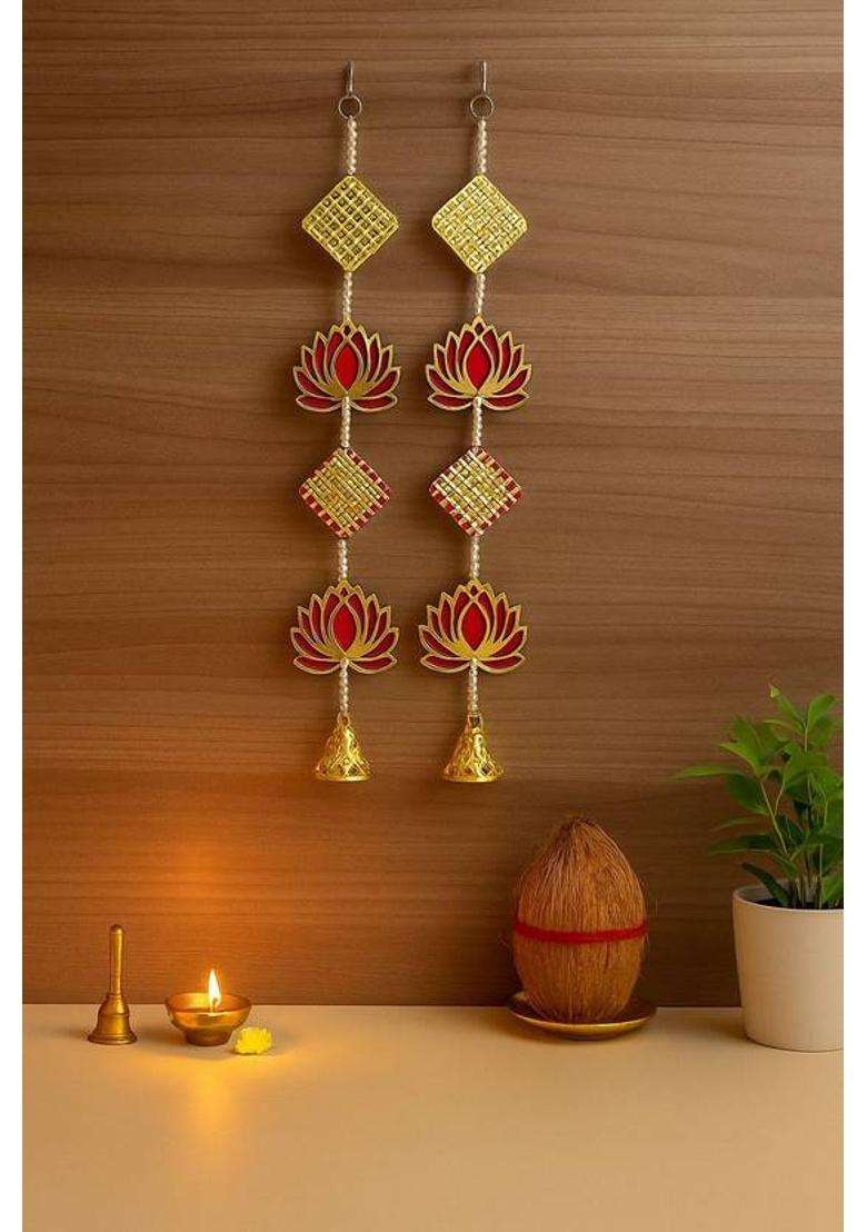 BDRMKH LOTUS Traditional Diwali wall hanging Toran(MDF Velvet Pom-Pom Pearls Golden Bell) - Indya