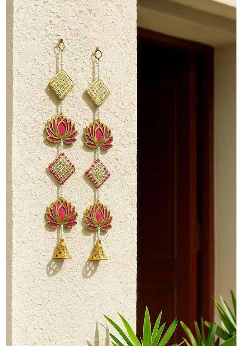 BDRMKH LOTUS Traditional Diwali wall hanging Toran(MDF Velvet Pom-Pom Pearls Golden Bell) - Indya