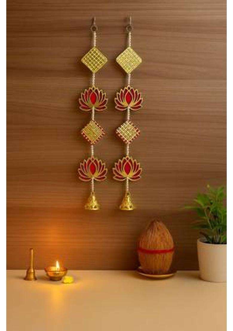 BDRMKH LOTUS Traditional Diwali wall hanging Toran(MDF Velvet Pom-Pom Pearls Golden Bell) - Indya