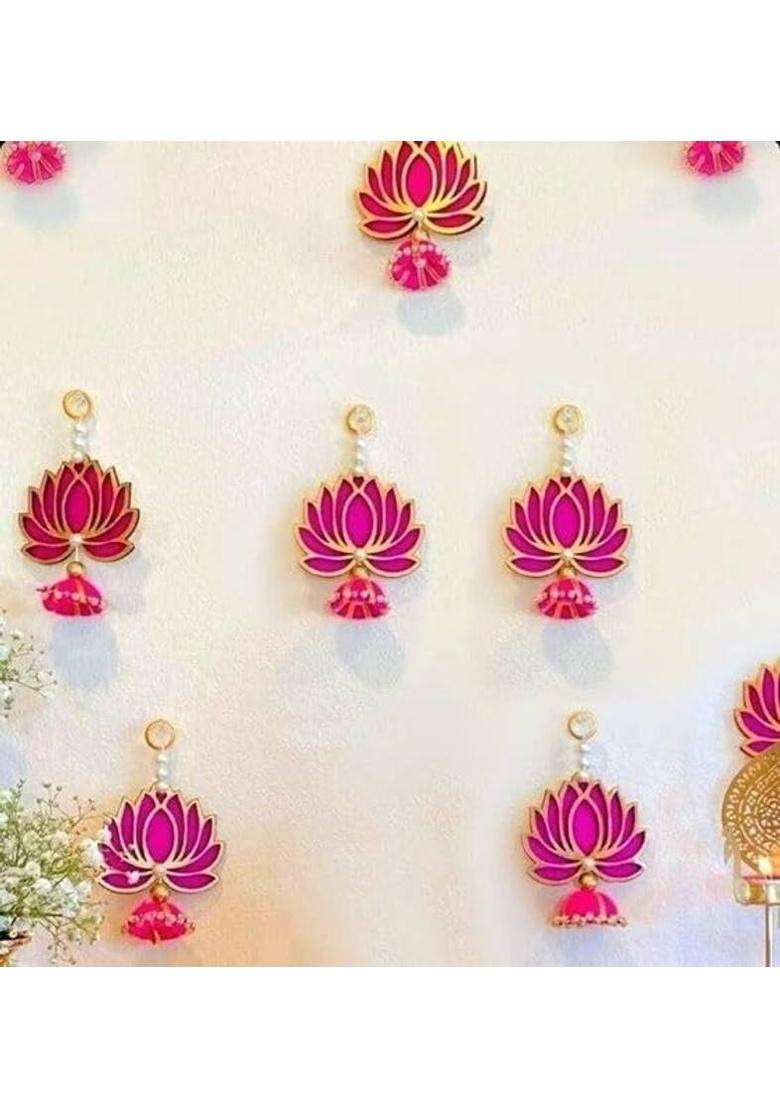 BDRMKH LOTUS Traditional Diwali wall hanging Toran(MDF Velvet Pom-Pom Pearls Golden Bell) - Indya