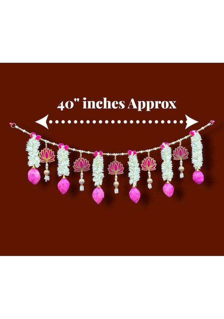 HEGiENES DECORS Traditional Wooden Lotus and gajra Plastic Beads Door Hanging Toran. Toran(wooden Lotus pom pom beads white gajara) - Indya