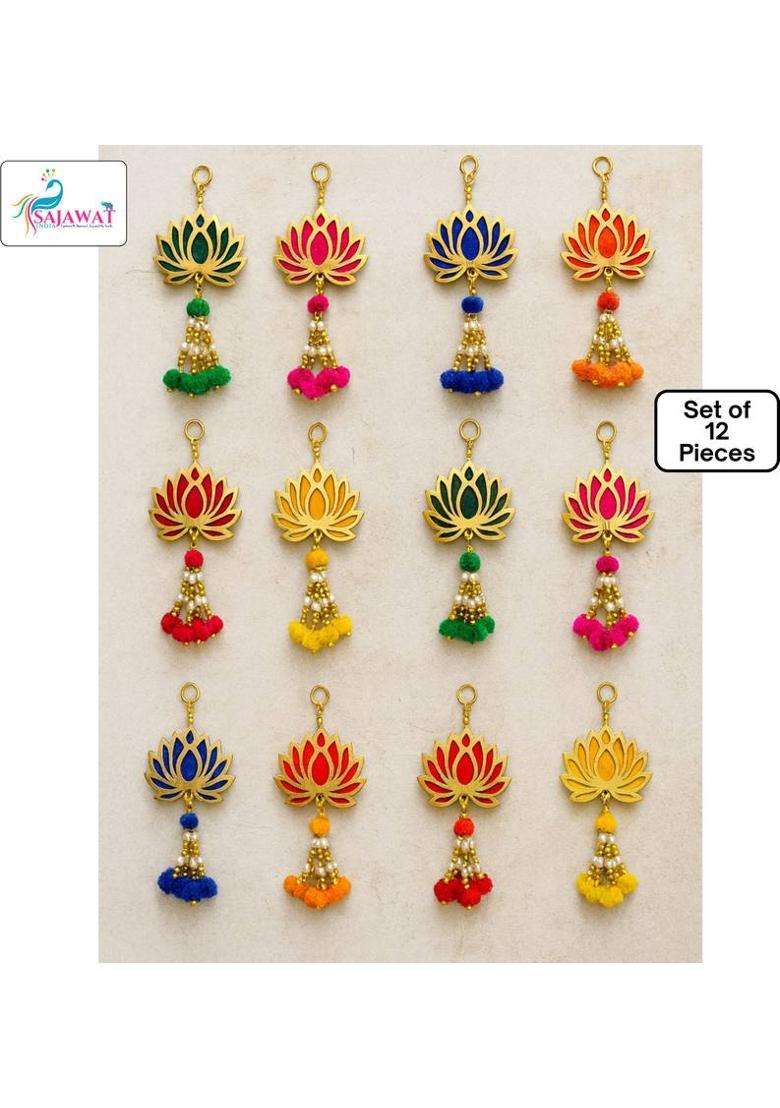 SAJAWAT INDIA 12 Pieces of Multicolor Lotus Hanging Backdrop Toran 9 Inches Toran(MDF Plywood Lotus 4Inch Golden Plastic Beads High Quality Thread) - Indya