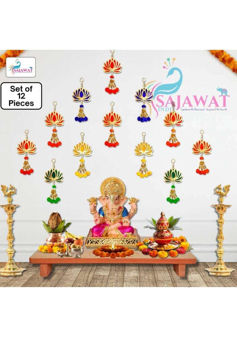 SAJAWAT INDIA 12 Pieces of Multicolor Lotus Hanging Backdrop Toran 9 Inches Toran(MDF Plywood Lotus 4Inch Golden Plastic Beads High Quality Thread) - Indya