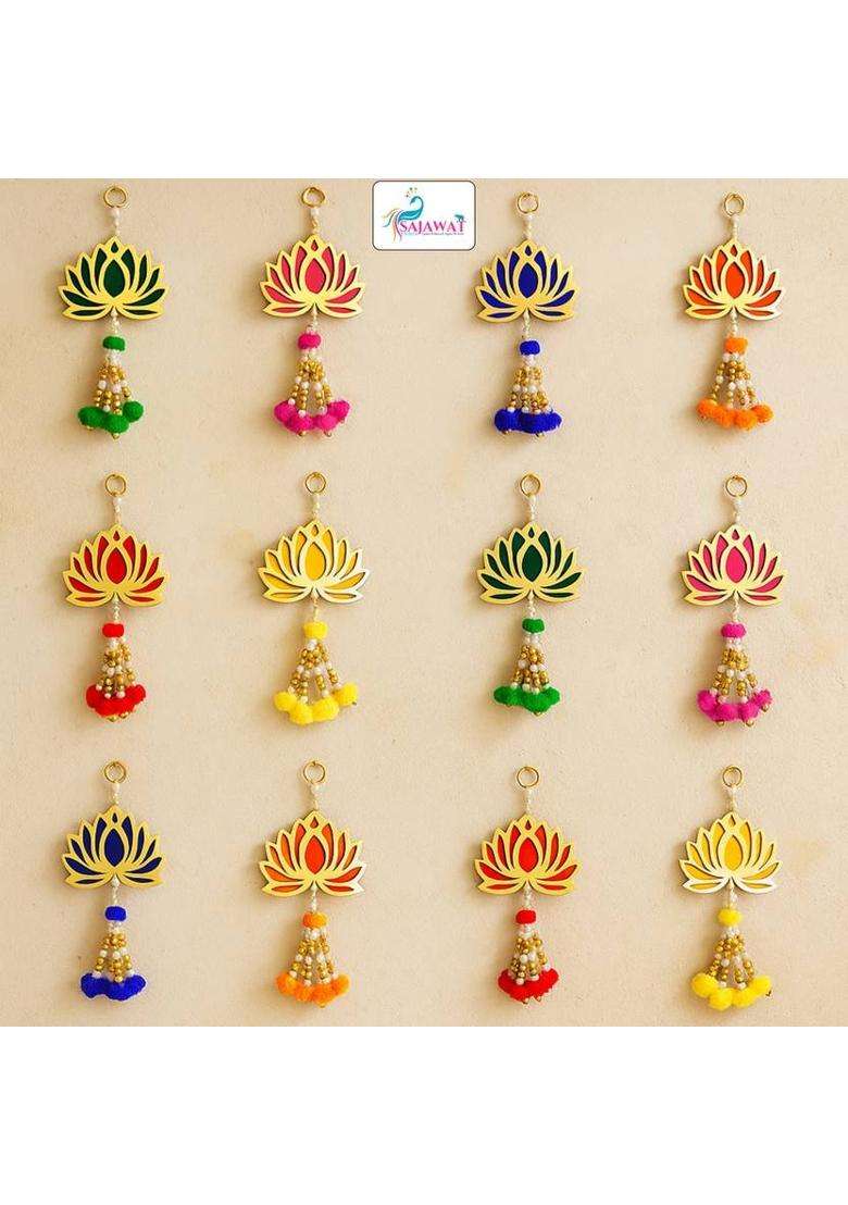 SAJAWAT INDIA 12 Pieces of Multicolor Lotus Hanging Backdrop Toran 9 Inches Toran(MDF Plywood Lotus 4Inch Golden Plastic Beads High Quality Thread) - Indya