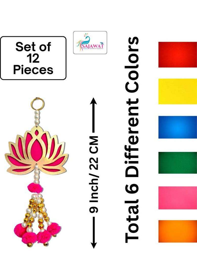 SAJAWAT INDIA 12 Pieces of Multicolor Lotus Hanging Backdrop Toran 9 Inches Toran(MDF Plywood Lotus 4Inch Golden Plastic Beads High Quality Thread) - Indya