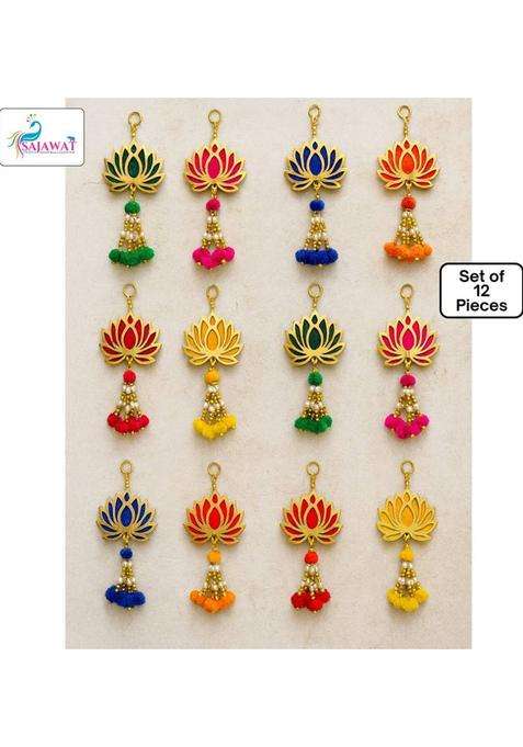 SAJAWAT INDIA 12 Pieces of Multicolor Lotus Hanging Backdrop Toran 9 Inches Toran(MDF Plywood Lotus 4Inch Golden Plastic Beads High Quality Thread)