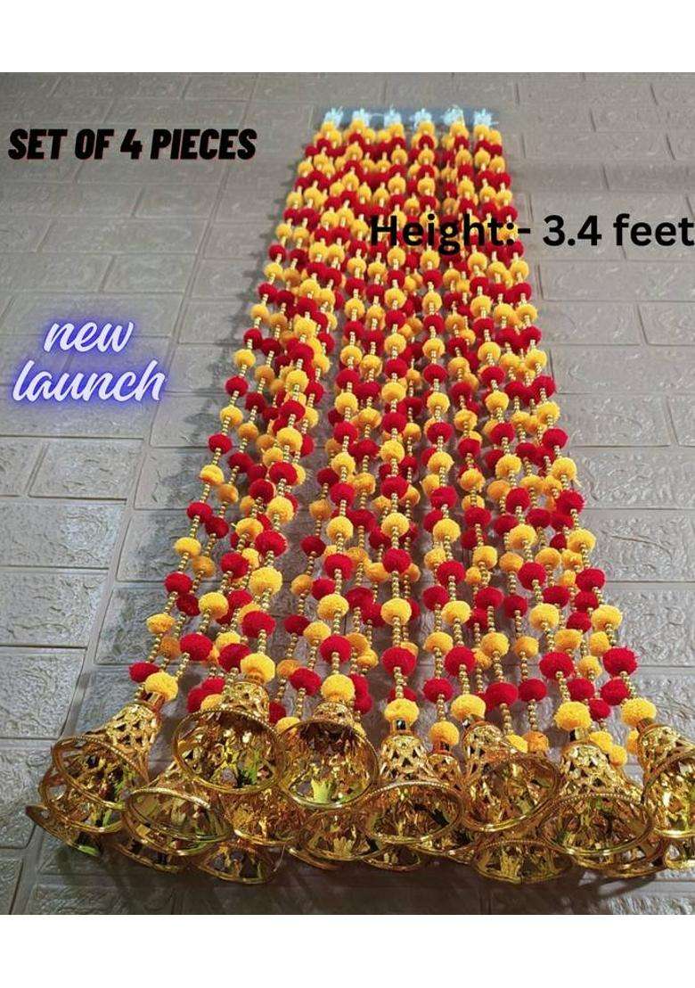 Rpdam 4 PIECE3.4 FEETPOMPOM FLOWER TORAN/WALL HANGINGS RED-YELLOW Toran(Strong Hooks Golden Plastic Bells Moti Beads High Quality Threads) - Indya