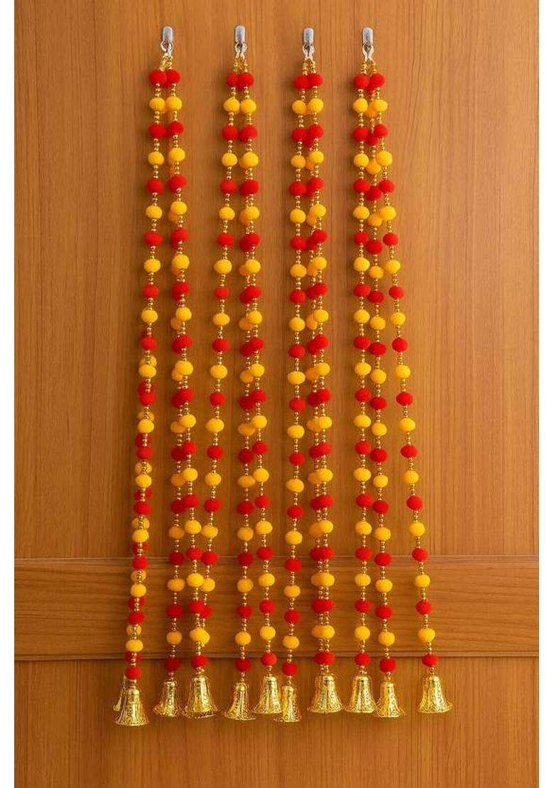 Rpdam 4 PIECE3.4 FEETPOMPOM FLOWER TORAN/WALL HANGINGS RED-YELLOW Toran(Strong Hooks Golden Plastic Bells Moti Beads High Quality Threads) - Indya