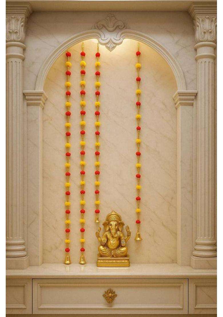 Rpdam 4 PIECE3.4 FEETPOMPOM FLOWER TORAN/WALL HANGINGS RED-YELLOW Toran(Strong Hooks Golden Plastic Bells Moti Beads High Quality Threads) - Indya