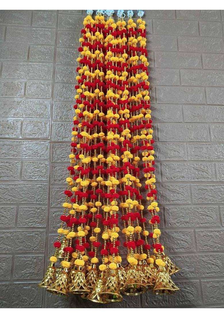 Rpdam 4 PIECE3.4 FEETPOMPOM FLOWER TORAN/WALL HANGINGS RED-YELLOW Toran(Strong Hooks Golden Plastic Bells Moti Beads High Quality Threads) - Indya