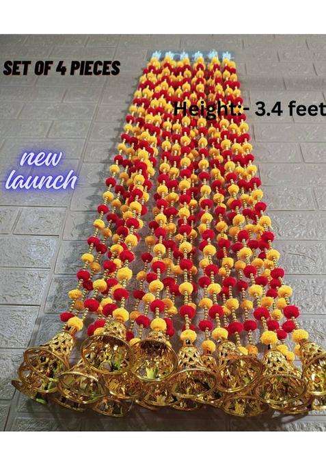 Rpdam 4 PIECE3.4 FEETPOMPOM FLOWER TORAN/WALL HANGINGS RED-YELLOW Toran(Strong Hooks Golden Plastic Bells Moti Beads High Quality Threads)