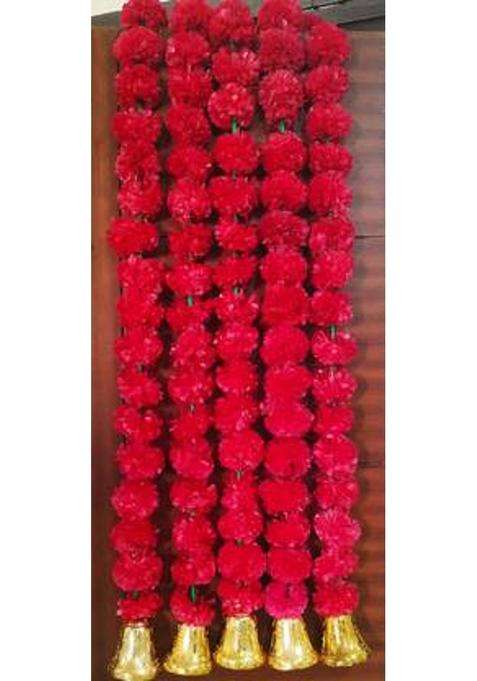 Qtsy Handmade Artificial Big Marigold Flower Toran Decoration Genda Fool For Home Decor (30 Inches Pack of 5 Bell Size 3inch X 2.5inch - Color Red ) Toran(Wollen Plastic Beads)