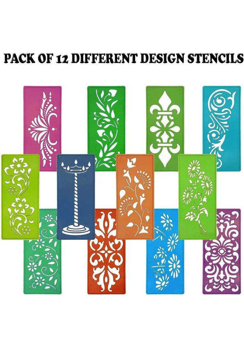 Ascension Set of 12 Different Rangoli Making Stencils Multi Designs Border Stencils Rangoli Stencil - Indya