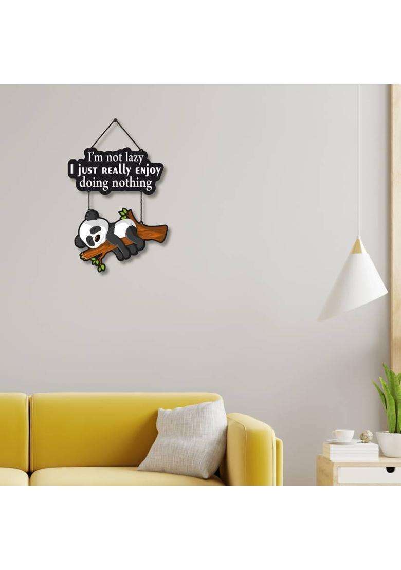 Home Delight IM Not Lazy Funny Panda Wooden Wall Hanging For Home Decor Gift Item(26 inch X 12 inch Black White Brown) - Indya
