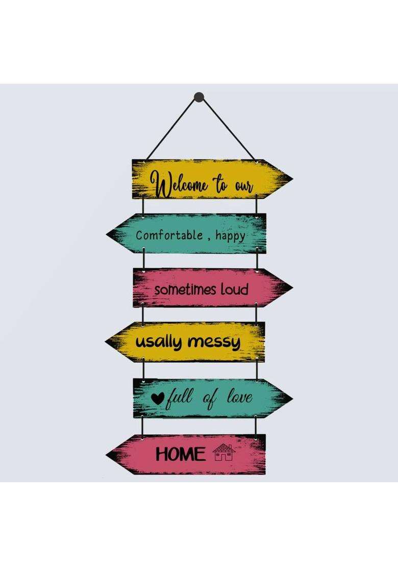 Home Delight Welcome To Our Home Sign for Front Door Decor Wood Wall Hanging Decoration Items(31 inch X 12 inch Yellow Green Pink) - Indya