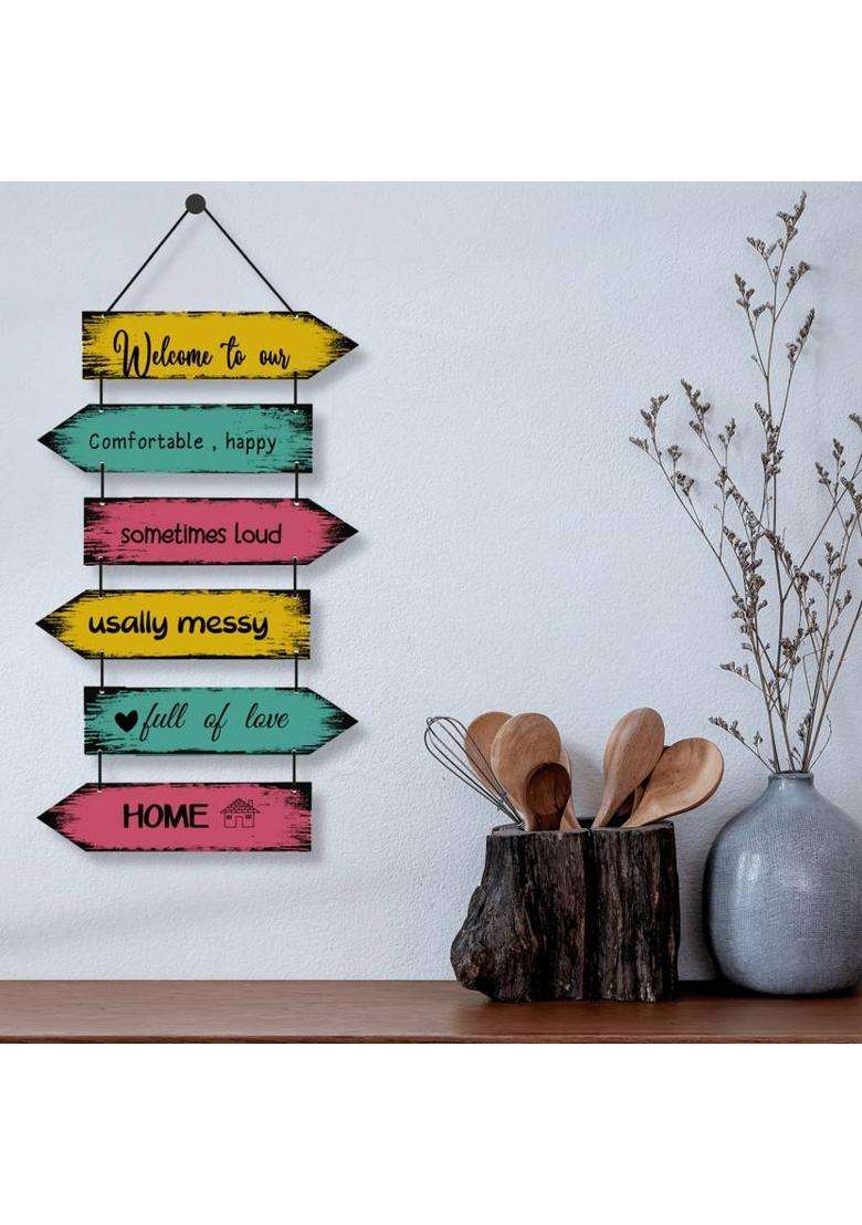 Home Delight Welcome To Our Home Sign for Front Door Decor Wood Wall Hanging Decoration Items(31 inch X 12 inch Yellow Green Pink) - Indya
