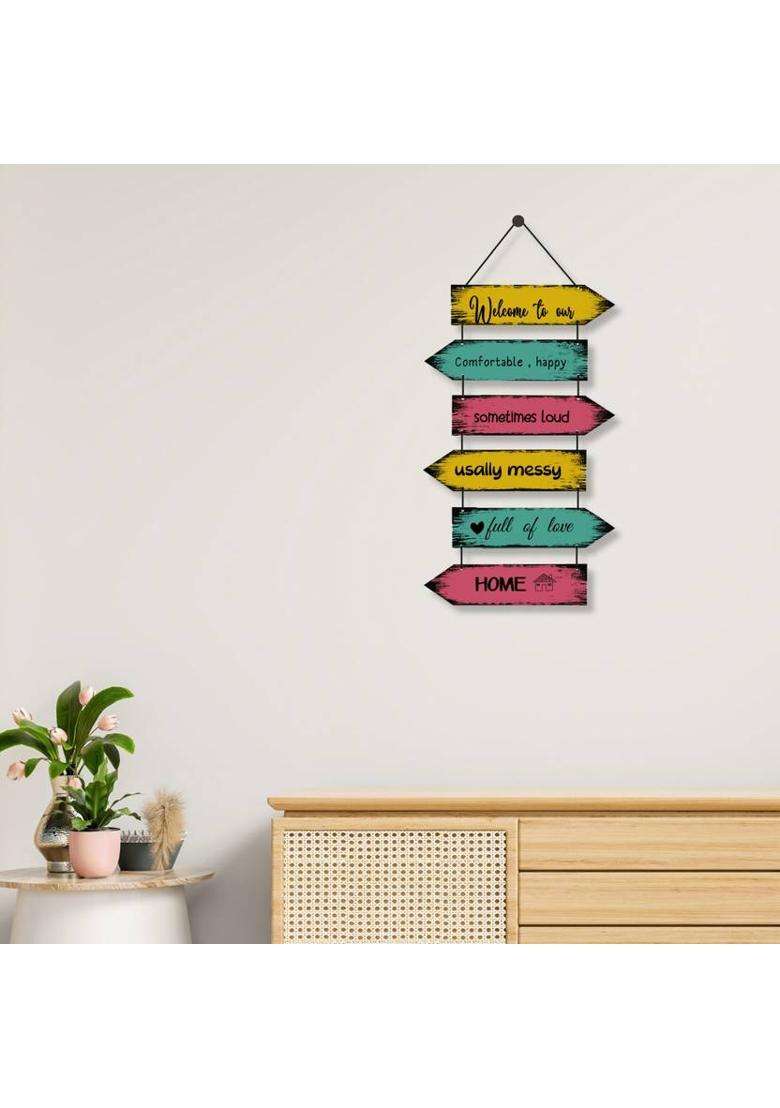 Home Delight Welcome To Our Home Sign for Front Door Decor Wood Wall Hanging Decoration Items(31 inch X 12 inch Yellow Green Pink) - Indya