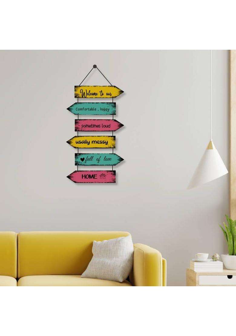 Home Delight Welcome To Our Home Sign for Front Door Decor Wood Wall Hanging Decoration Items(31 inch X 12 inch Yellow Green Pink) - Indya