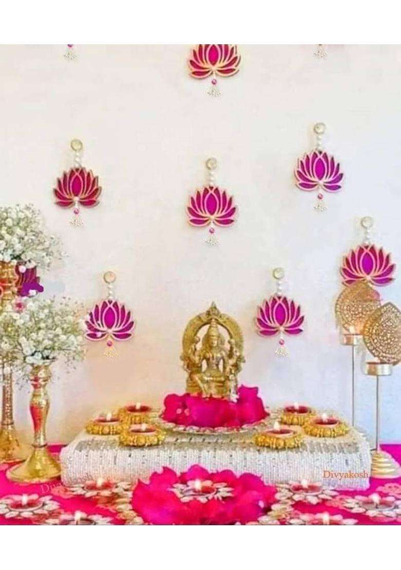 WAHHSON Lotus Wall Hanging Jhumka Diwali Home Temple Door Toran Decoration Decor Gifting Pack of 4(22 cm X 10 cm Pink) - Indya
