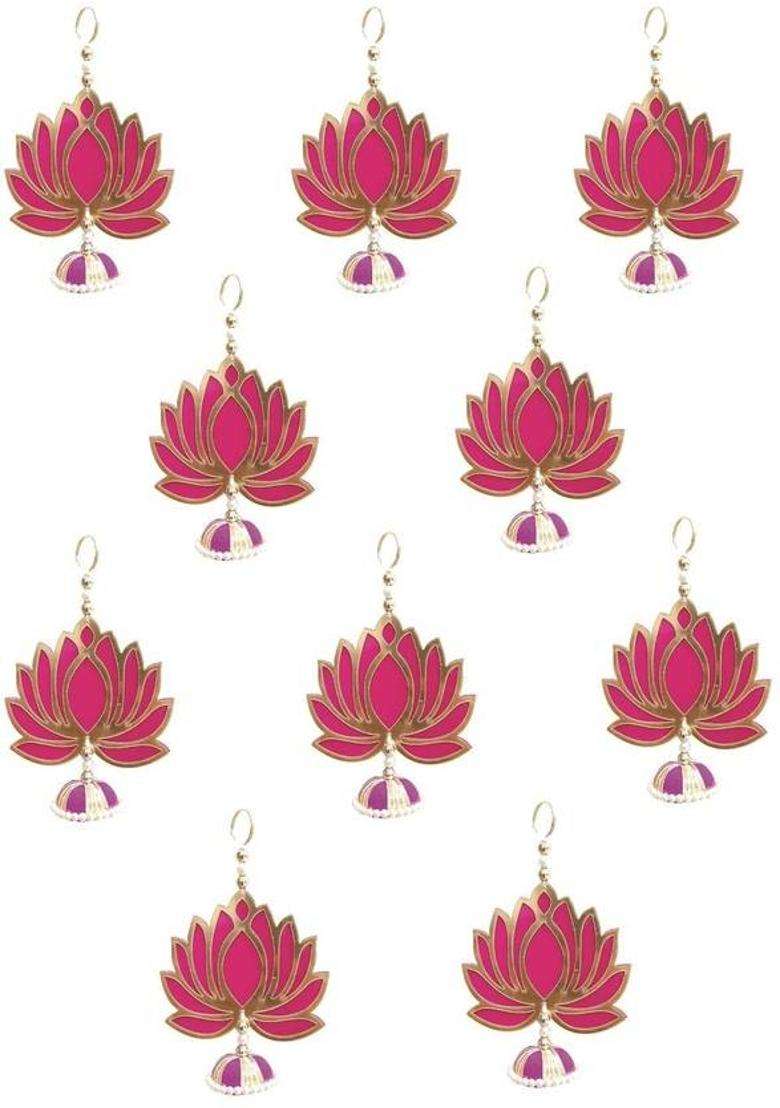 WAHHSON Lotus Wall Hanging Jhumka Diwali Home Temple Door Toran Decoration Decor Gifting Pack of 4(22 cm X 10 cm Pink) - Indya