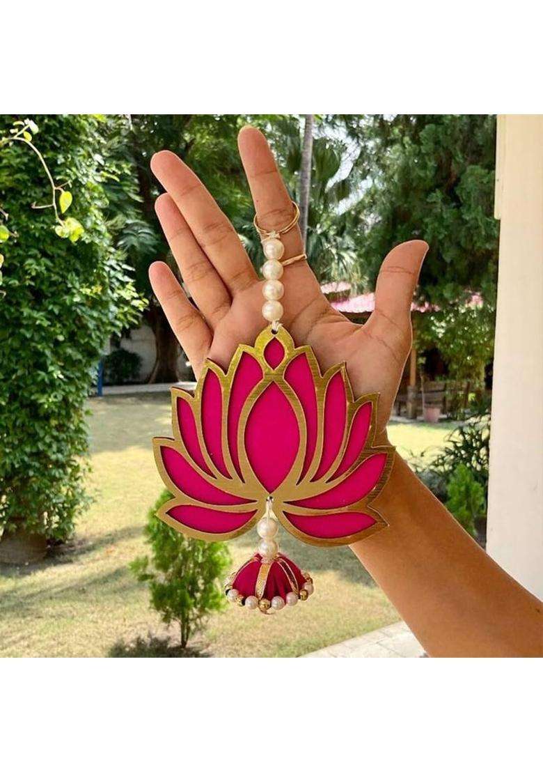 WAHHSON Lotus Wall Hanging Jhumka Diwali Home Temple Door Toran Decoration Decor Gifting Pack of 4(22 cm X 10 cm Pink) - Indya