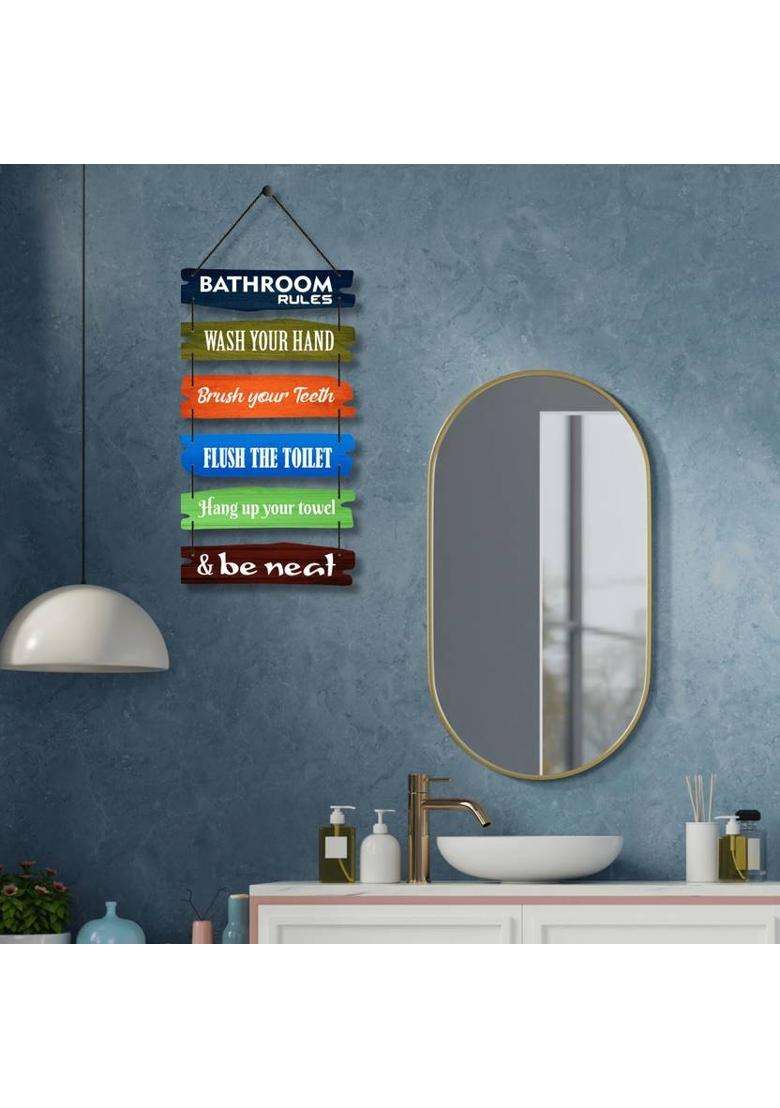 Home Delight Bathroom Rules Signs Wood Art Decor Wall Hanging Decoration Items(26 inch X 12 inch Multicolor) - Indya