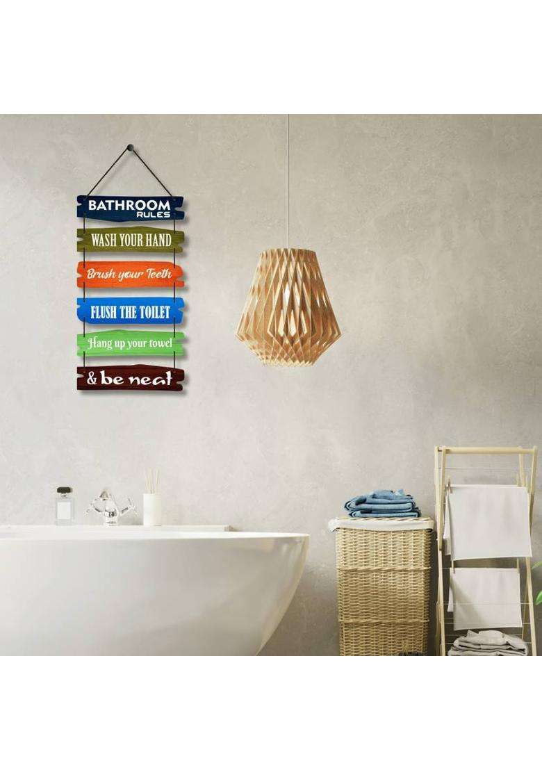 Home Delight Bathroom Rules Signs Wood Art Decor Wall Hanging Decoration Items(26 inch X 12 inch Multicolor) - Indya