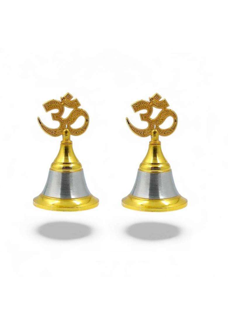 Stylewell Set Of 2 OM Head Small Size Spiritual Prayer Bell for Mandir & Puja Rituals Steel Pooja Bell(Yellow Silver Pack of 2) - Indya