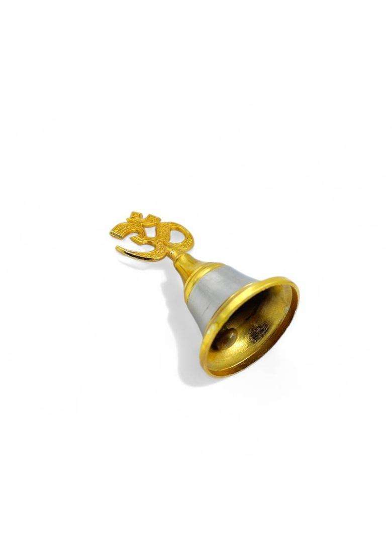 Stylewell Set Of 2 OM Head Small Size Spiritual Prayer Bell for Mandir & Puja Rituals Steel Pooja Bell(Yellow Silver Pack of 2) - Indya