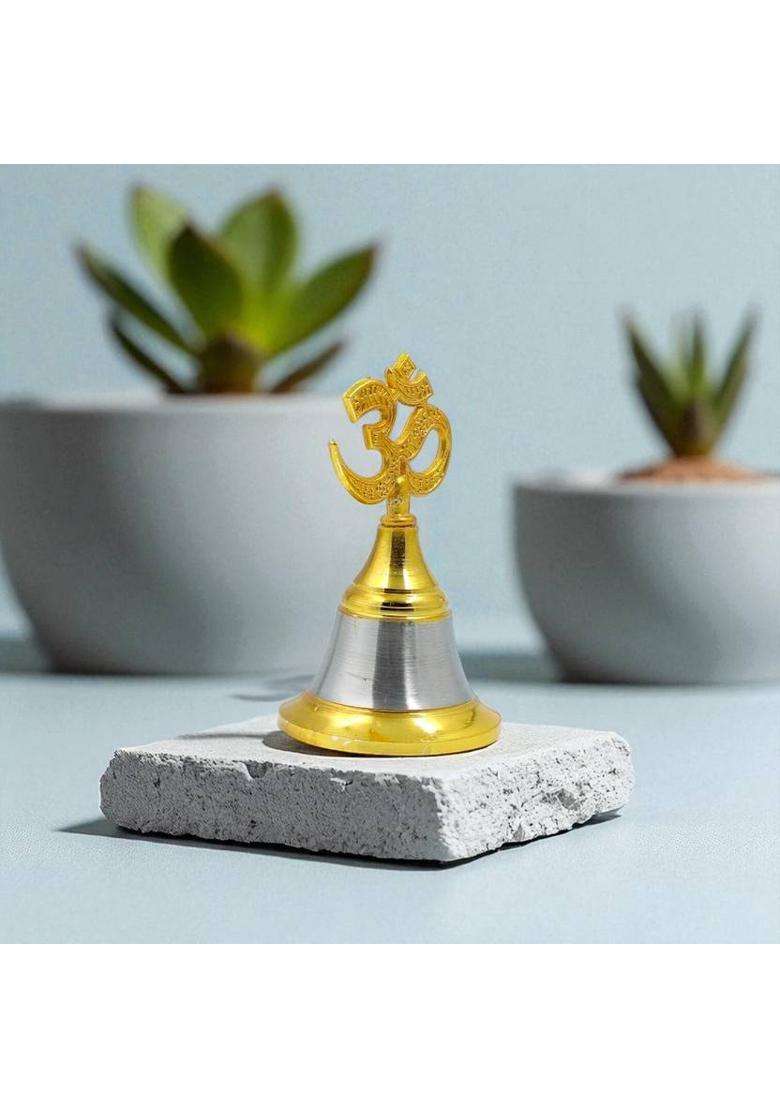 Stylewell Set Of 2 OM Head Small Size Spiritual Prayer Bell for Mandir & Puja Rituals Steel Pooja Bell(Yellow Silver Pack of 2) - Indya