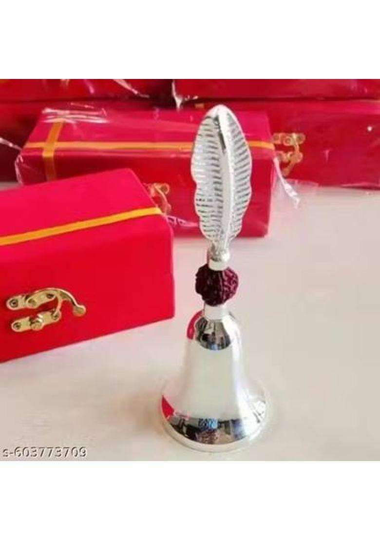 Artistic Den Silver Plated Puja Bell with Rudraksha Handle in Red Velvet Gift Box Brass Pooja Bell(Silver) - Indya