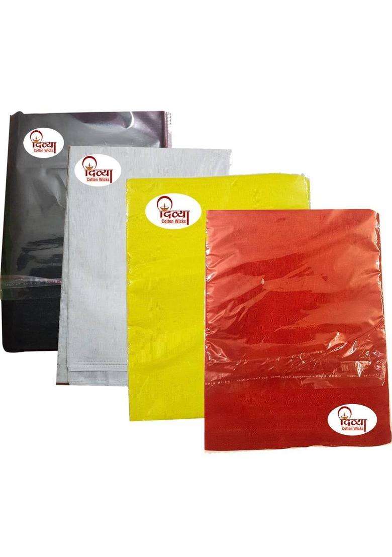 DIVYA Cotton Wicks Puja Cloth Cotton Cloth Aasan For Pooja or Mandir Cotton Altar For Puja Combo Pack 4 And 1 Packet Long Cotton Batti Free Color Red Yellow White Black Size 1 Meter Of Each Altar Cloth(Pack of 4) - Indya
