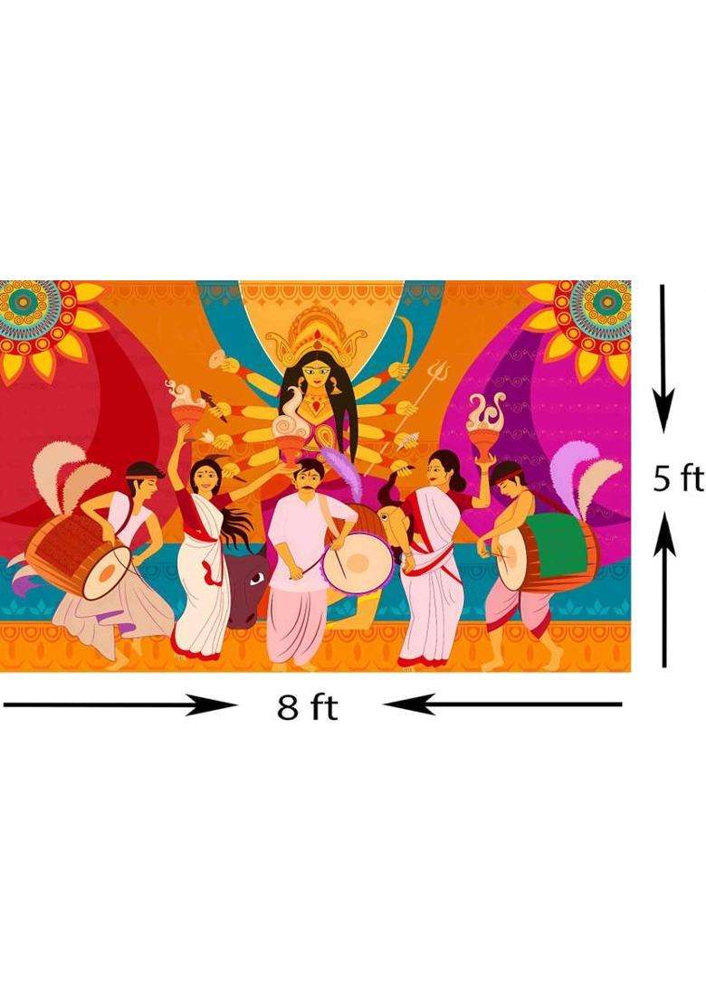 NK Textiles Durga Puja Dhak Drummers & Dancers Printed Backdrop Altar Cloth - Indya