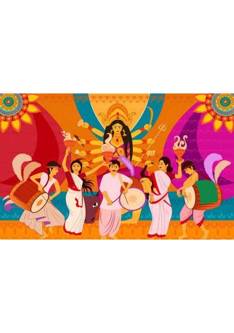 NK Textiles Durga Puja Dhak Drummers & Dancers Printed Backdrop Altar Cloth - Indya