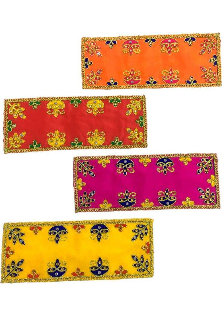 HEMDEV 3 8 Inch Embroidered Multicolor Silk Cloth for Pooja and God Idol Altar Cloth(Pack of 4) - Indya