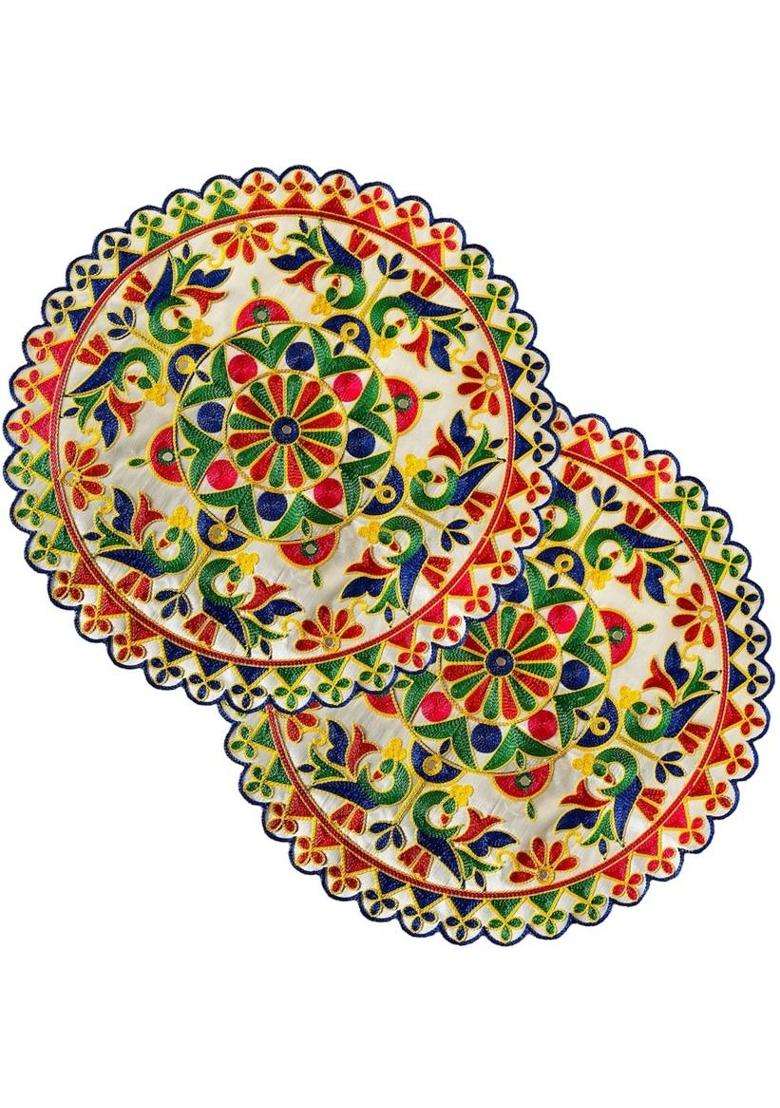 TORNORY Traditional Embroidery Round Pooja Thali Rumal Altar Cloth(Pack of 2) - Indya