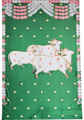 Puja N Pujari Green Colour Cow Design Backdrop Cloth for Pooja Decoration Altar Cloth