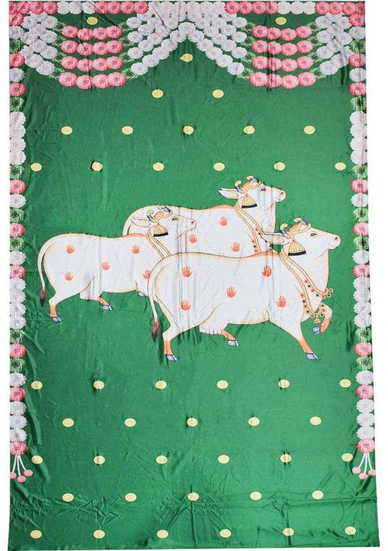 Puja N Pujari Green Colour Cow Design Backdrop Cloth for Pooja Decoration Altar Cloth - Indya